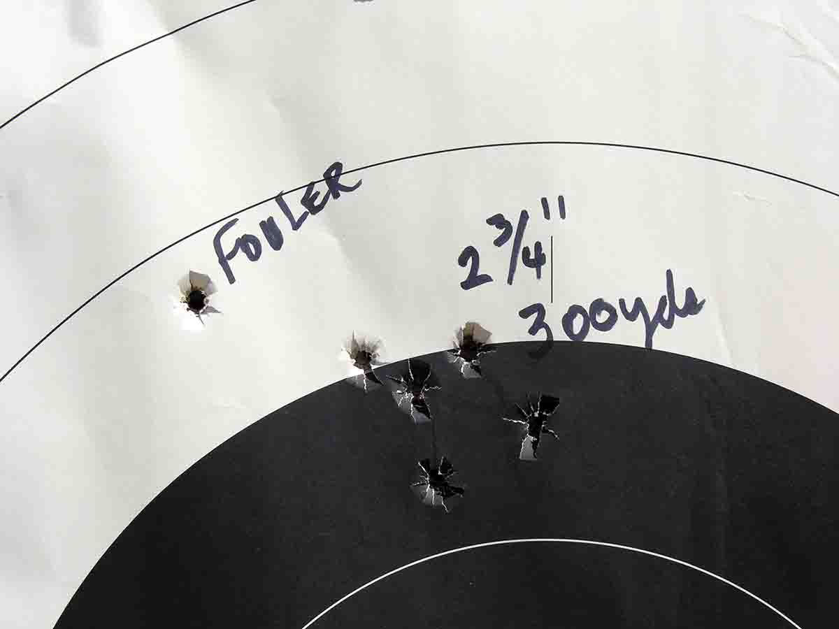 This target is a typical example of why the first shot from a clean, cold barrel is discounted in group shooting. These shots were fired from Mike’s Lone Star rolling block .40-65.